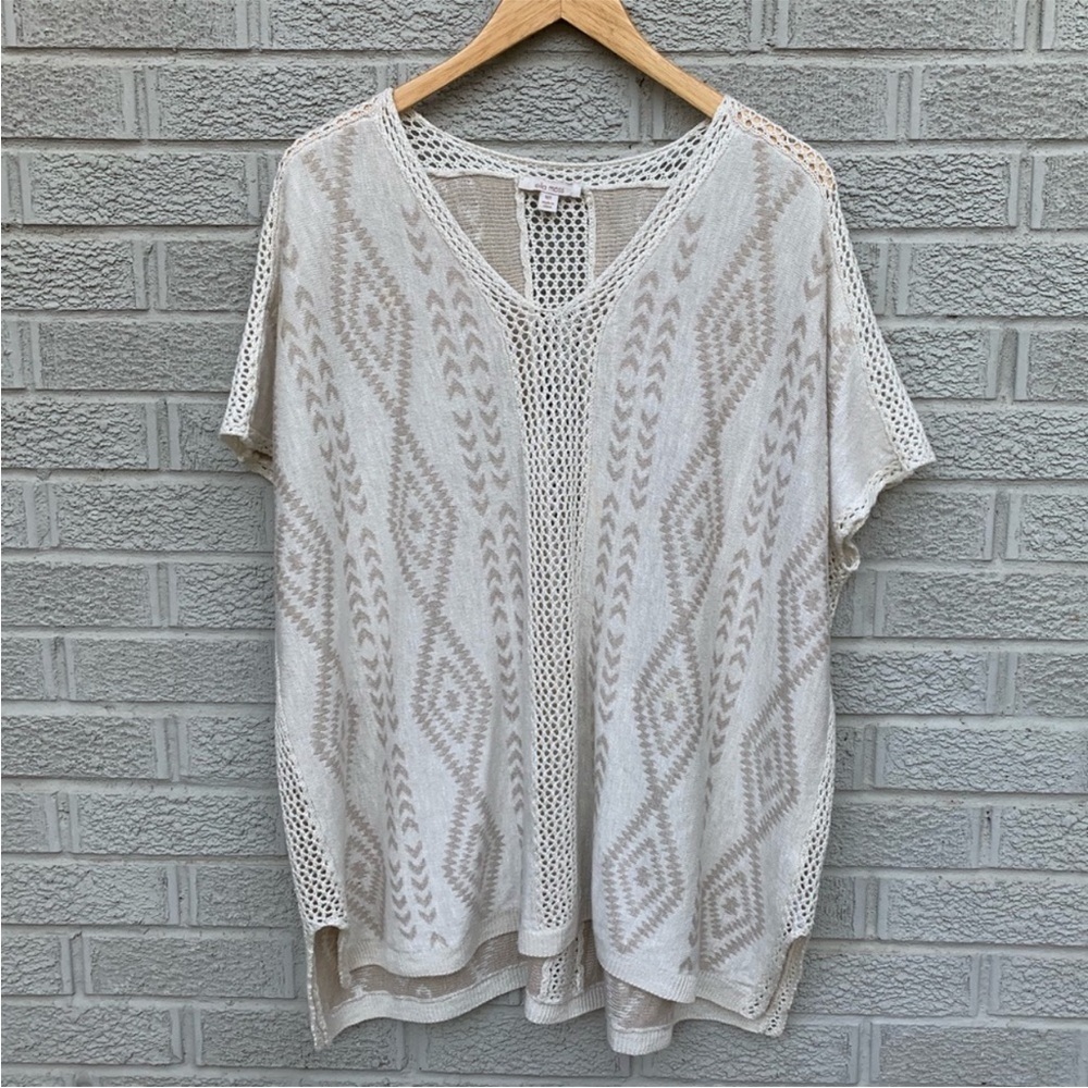 Ella Moss Kimono Linen Blend Crochet Knit Poncho Style V-Neck Cream Sweater XS/S